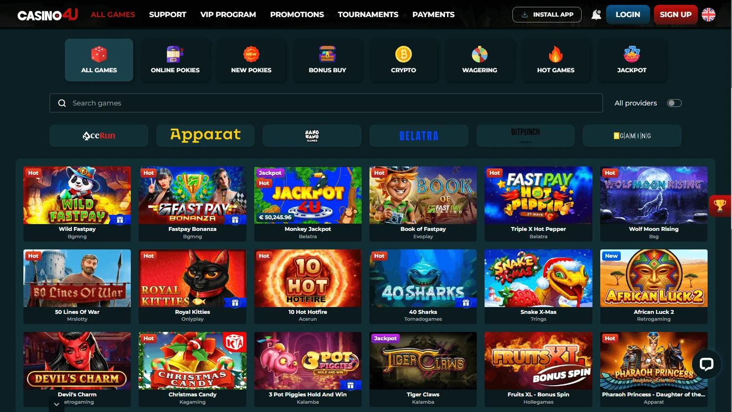 Casino4u games interface on desktop