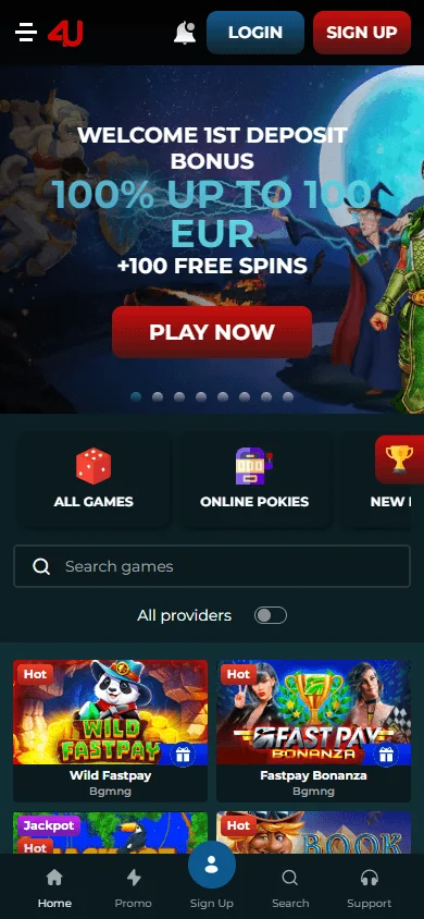 Casino4u home interface on a mobile browser