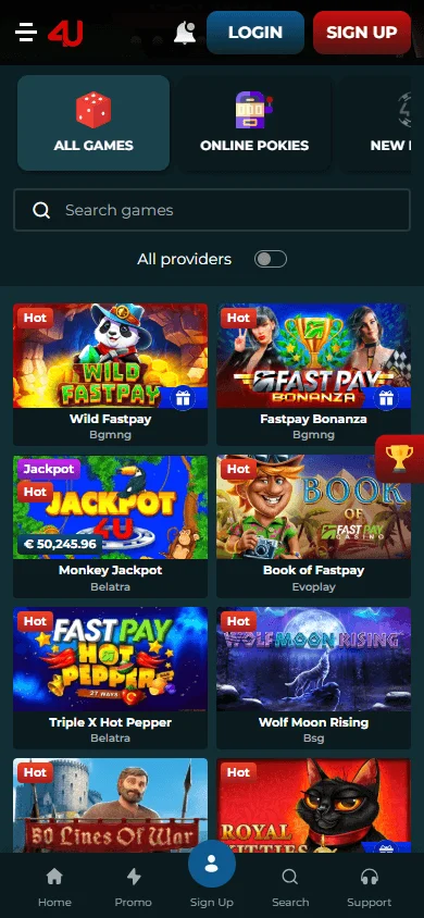 Casino4u games interface on a mobile browser